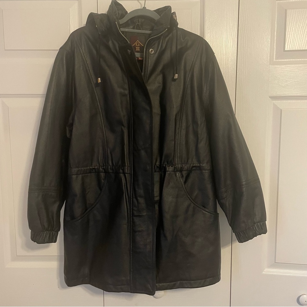 Global Identity black leather field coat with removable hood Size medium